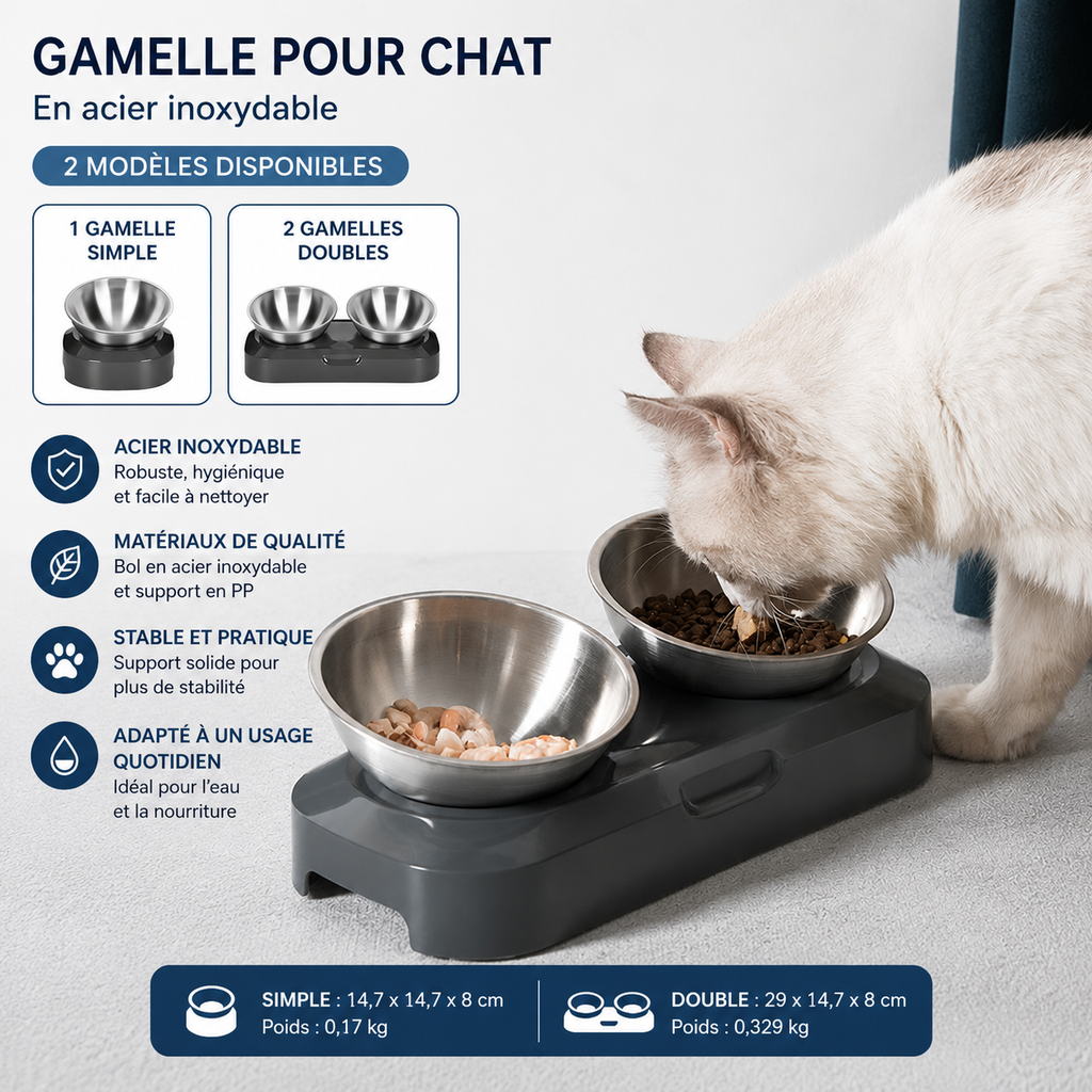 Gamelle en Acier Inoxydable pour Chat – Simple ou Double