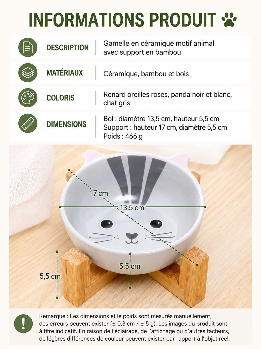 Gamelle en Céramique avec Support en Bambou – Collection Animaux