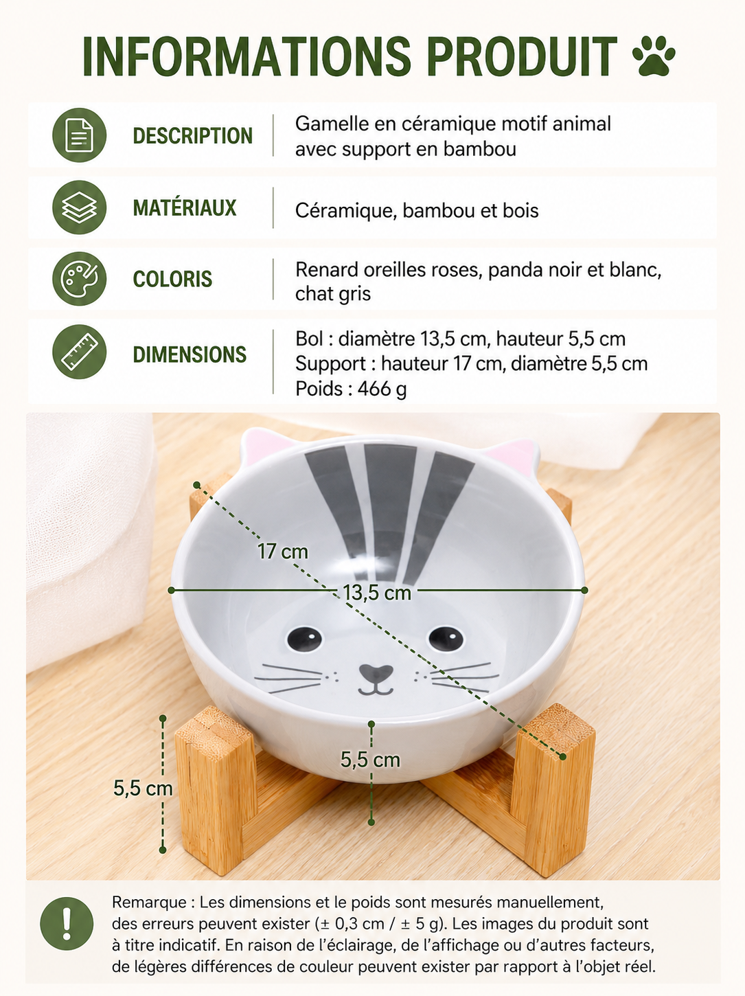 Gamelle en Céramique avec Support en Bambou – Collection Animaux
