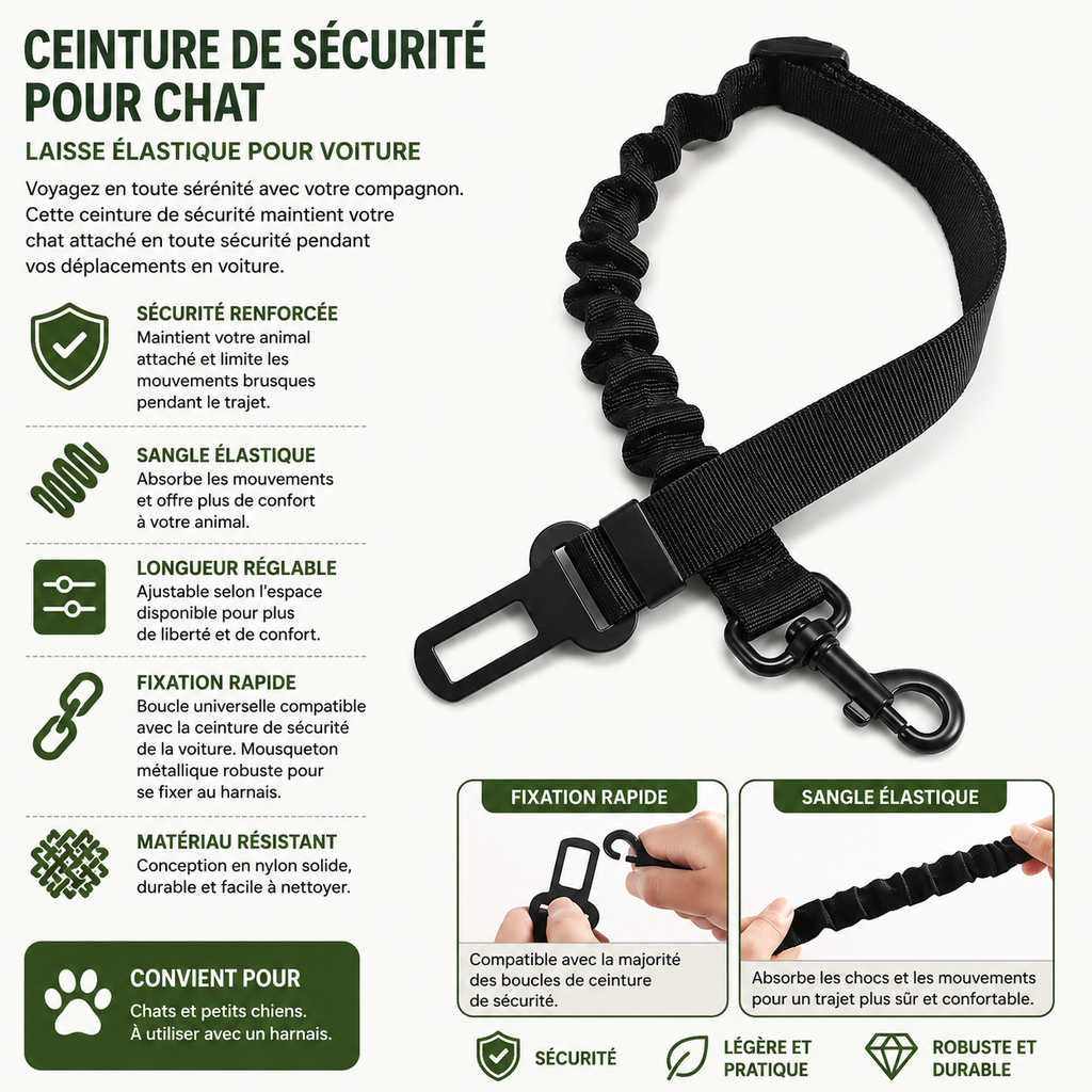 Ceinture de Sécurité Élastique pour Chat – Laisse de Voiture