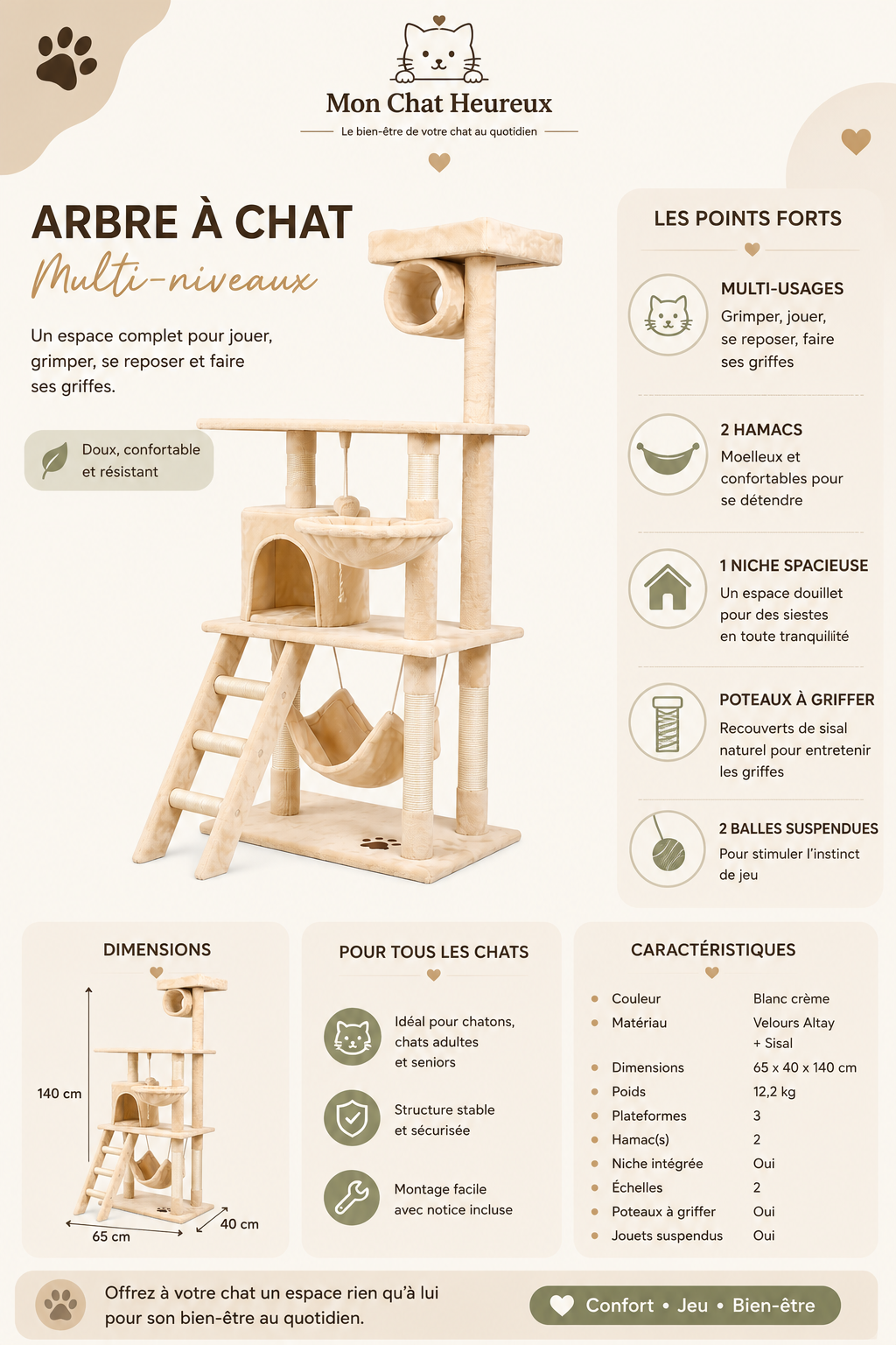 Détail de la niche confortable de l'arbre à chat beige