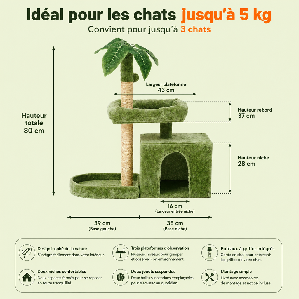 Arbre à Chat 80 cm avec Doubles Niches et Plateformes