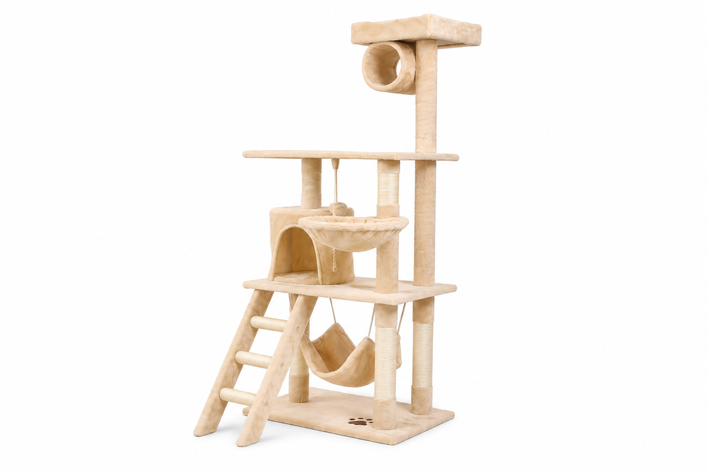 Arbre à chat multi-niveaux beige avec hamacs, niche et griffoirs en sisal