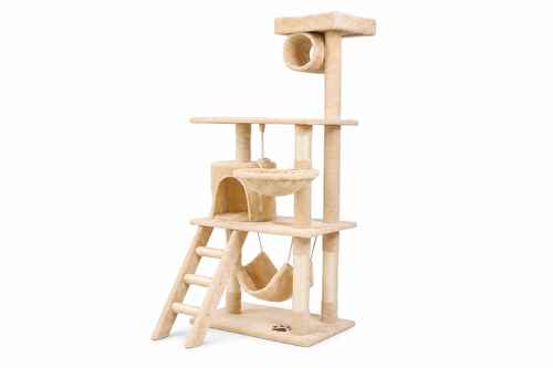 Arbre à chat multi-niveaux beige avec hamacs, niche et griffoirs en sisal