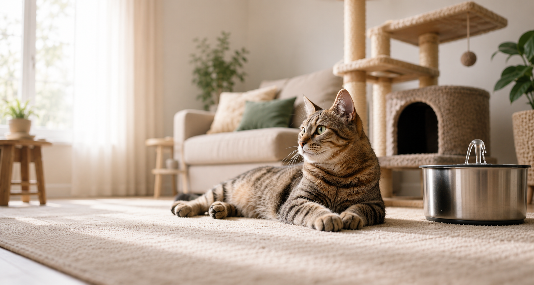Chat d'intérieur dans un salon avec arbre à chat et fontaine à eau